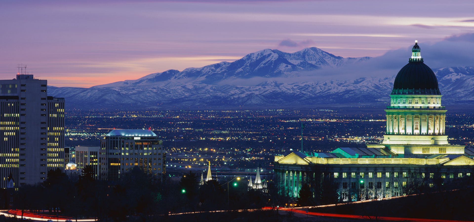 Salt Lake City skyline with Utah State Capitol and Wasatch Mountains